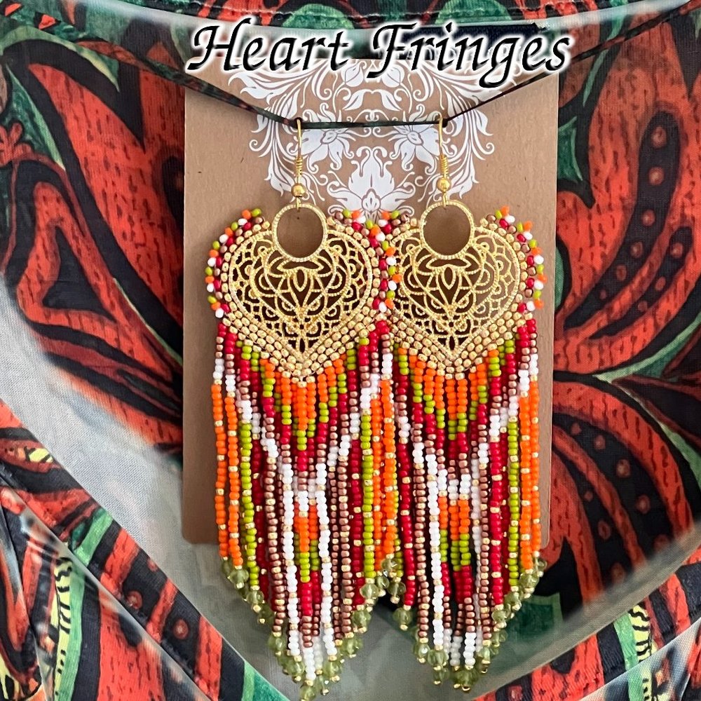 Handmade Beaded Earrings Native American Style Long Fringe Artisan Heart Dangles - Picture 7 of 7